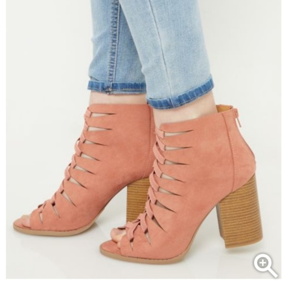 Pink Lace Up Block Heel Booties - Picture 7 of 8